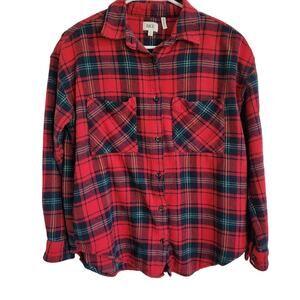 BKE Women’s Flannel Shirt Small Red Plaid Button Up Boyfriend Fit Supersoft